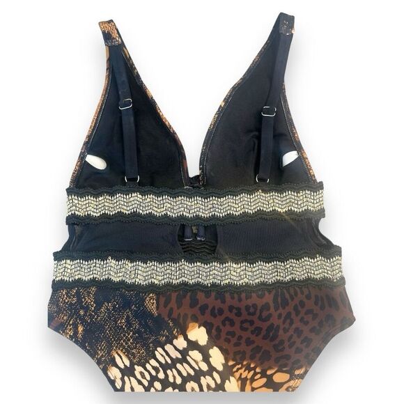 River Island - Womens Brown Animal Print Plunge One Piece Swimsuit - Picture 7 of 11